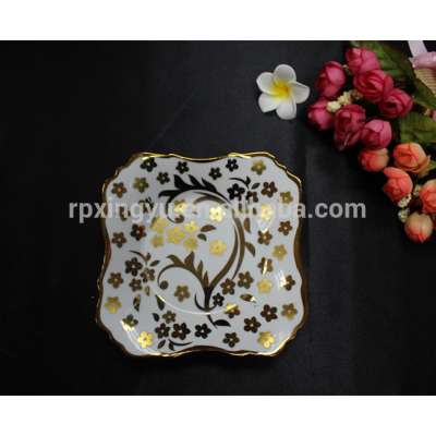 Gold plated porcelain square plate, ceramic plate